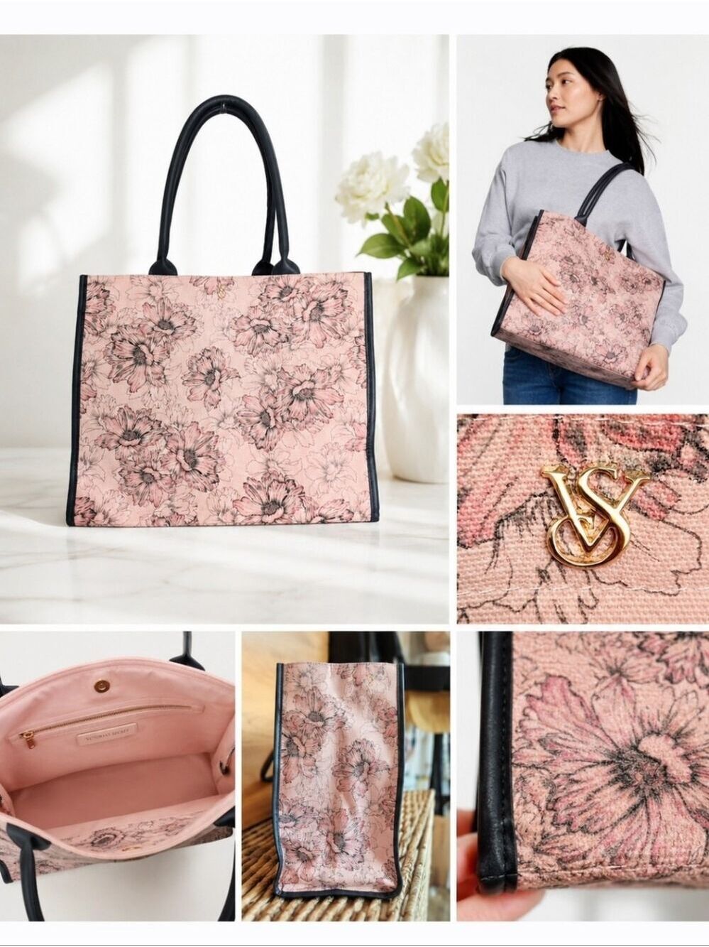 VICTORIAS SECRET PINK GRAY CANVAS FLORAL SHOULDER TOTE BAG LINED EUC